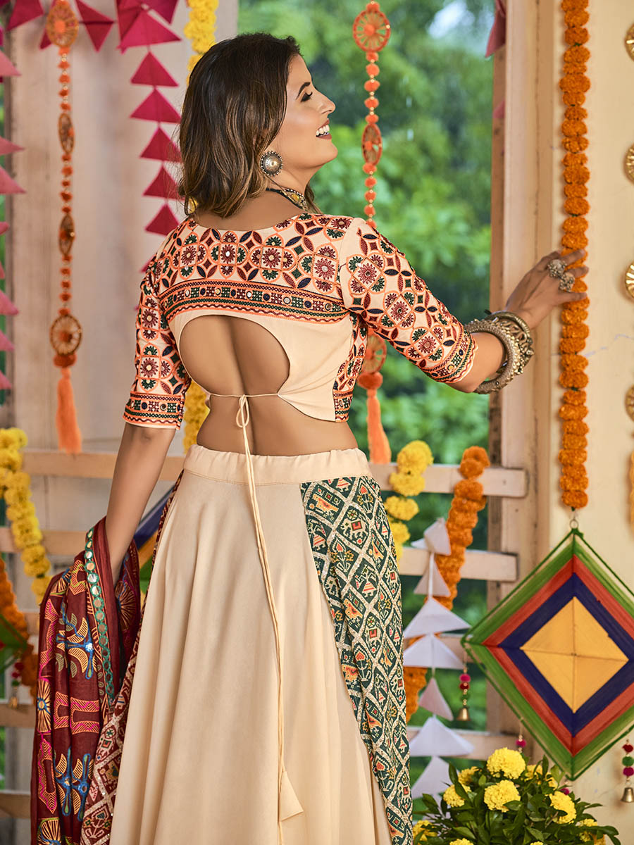 Myra Beige Maslin Cotton Embroidered Navratri Special Lehenga