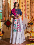 Myra White and Navy blue Maslin Cotton Embroidered Navratri Special Lehenga