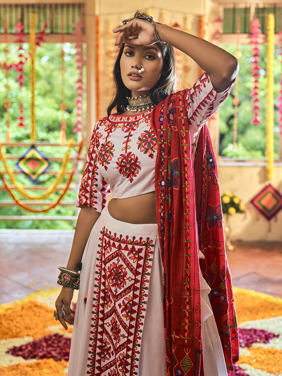 Myra White Maslin Cotton Embroidered Navratri Special Lehenga