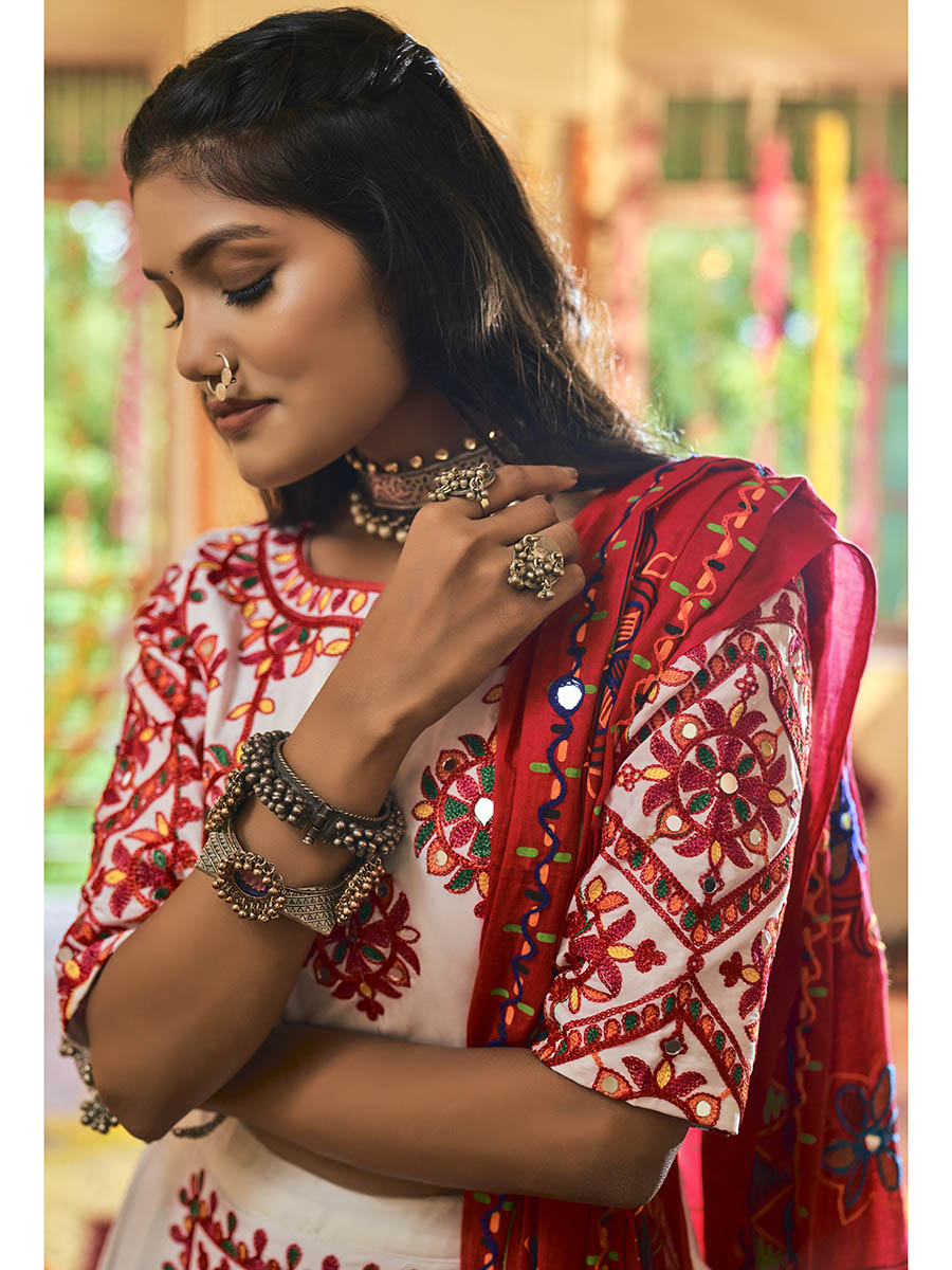 Myra White Maslin Cotton Embroidered Navratri Special Lehenga