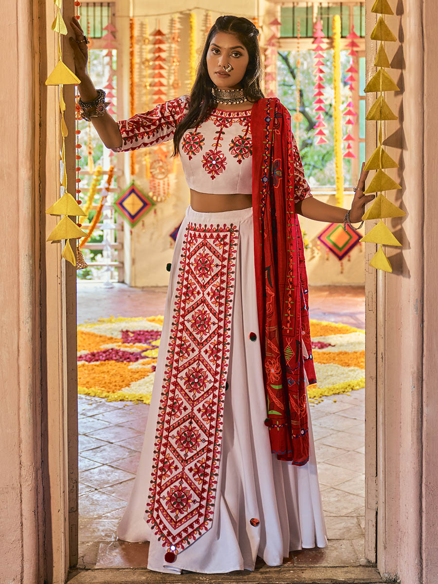 Myra White Maslin Cotton Embroidered Navratri Special Lehenga