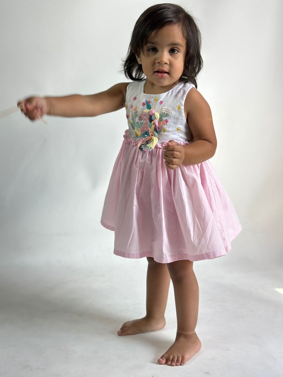 ArthLife White And Pink Unicorn Embroidered Dress