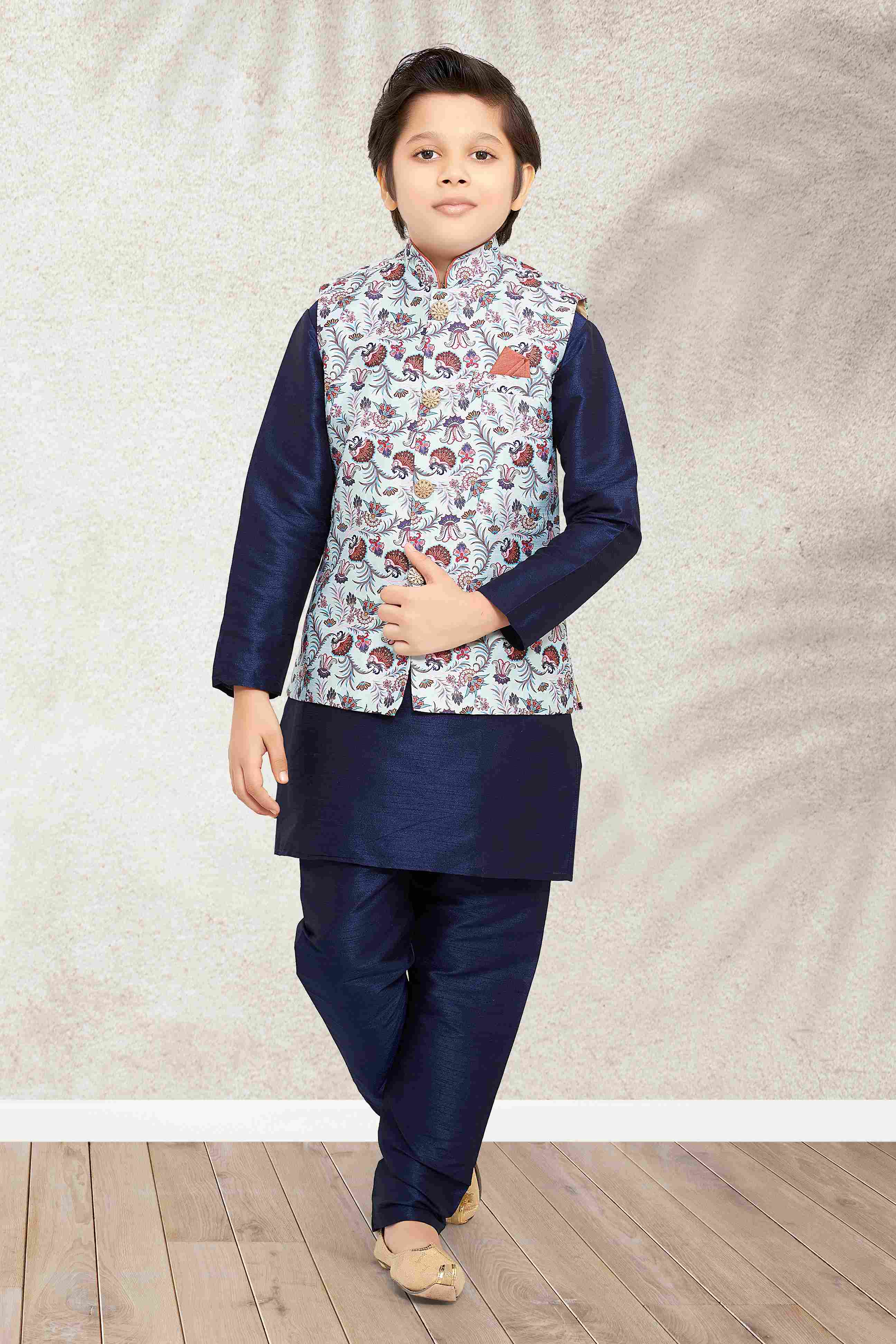 Raivat Ethnic Banarasi Silk Digital Printed Kurta Pajama With Jacket In Sky Blue Colour