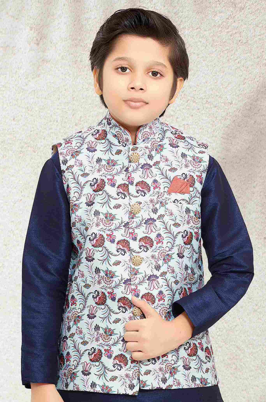 Raivat Ethnic Banarasi Silk Digital Printed Kurta Pajama With Jacket In Sky Blue Colour