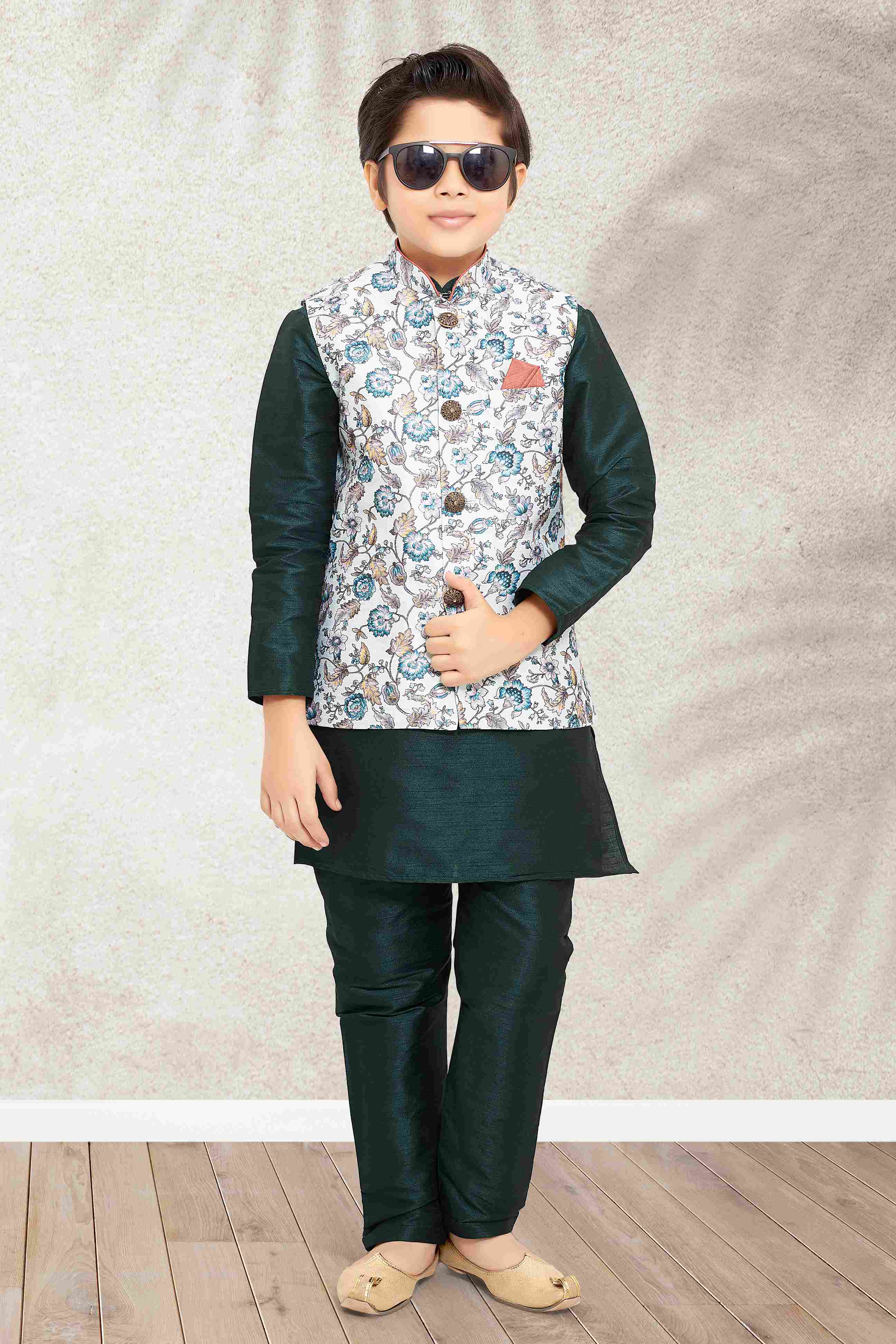 Raivat Ethnic Banarasi Silk Digital Printed Kurta Pajama With Jacket In Pista Green Colour