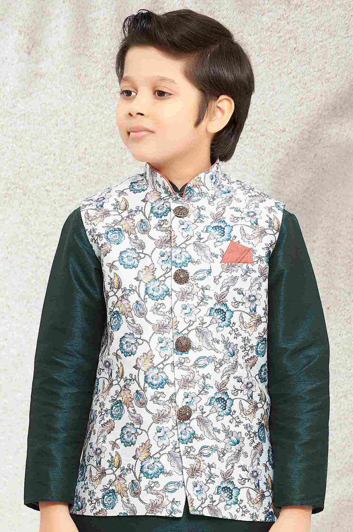 Raivat Ethnic Banarasi Silk Digital Printed Kurta Pajama With Jacket In Pista Green Colour