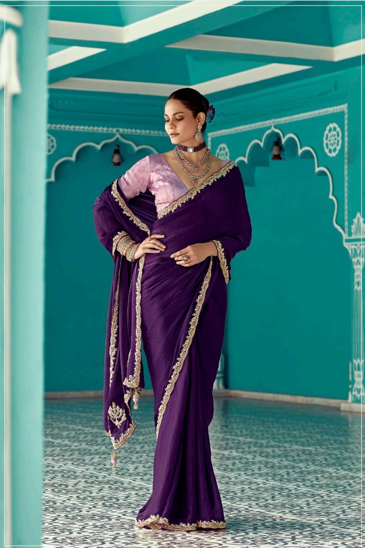 Anaita Violet Embroidery Work Saree With Jacquard Work Blouse Piece