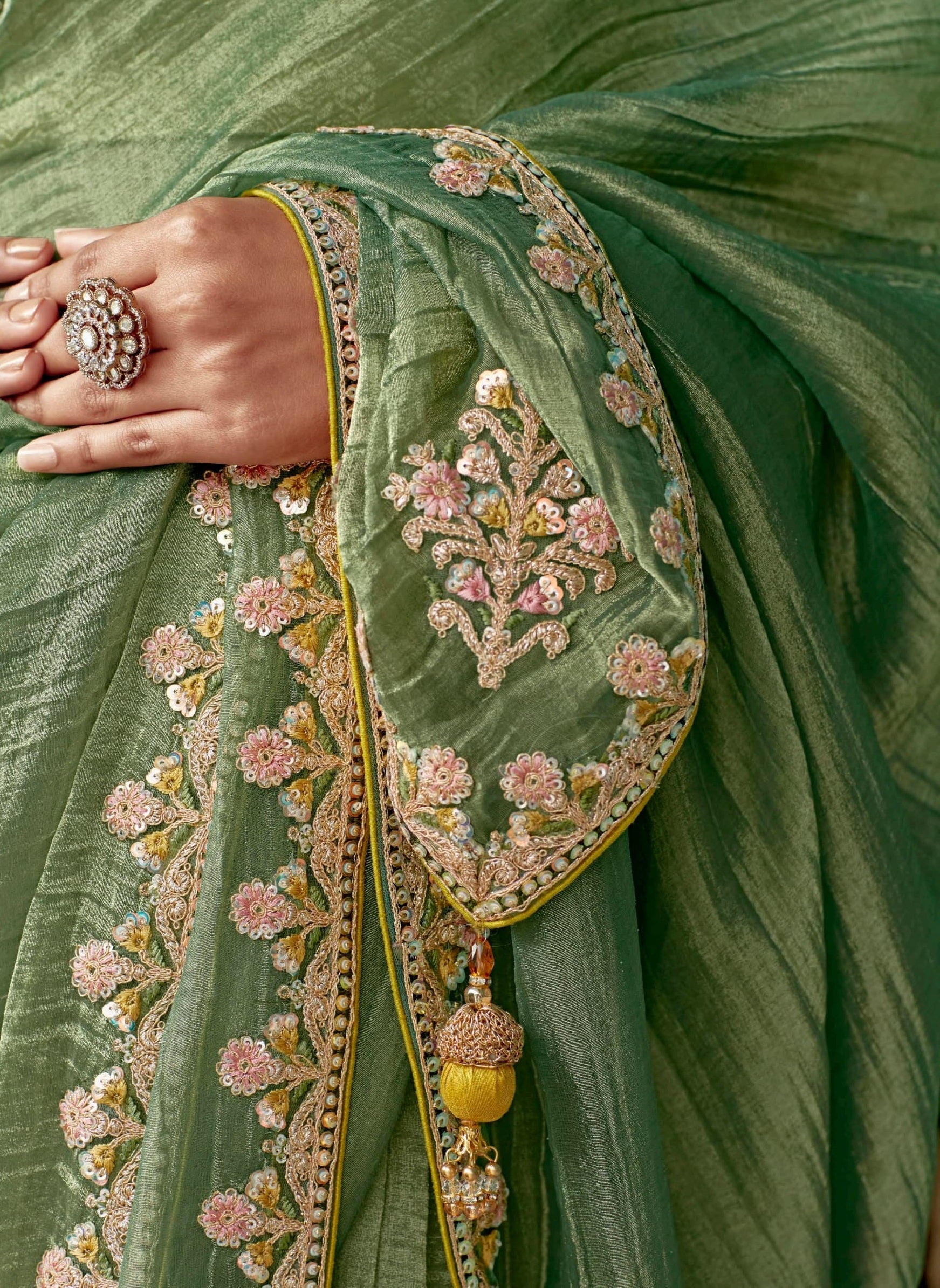 Anaita Green Embroidery Work Saree With Jacquard Work Blouse Piece