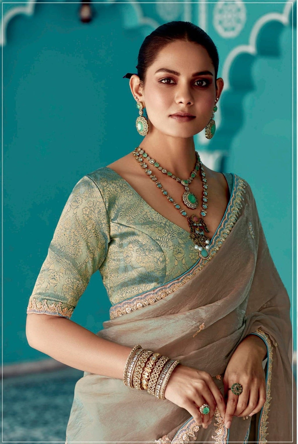 Anaita Cream Embroidery Work Saree With Jacquard Work Blouse Piece