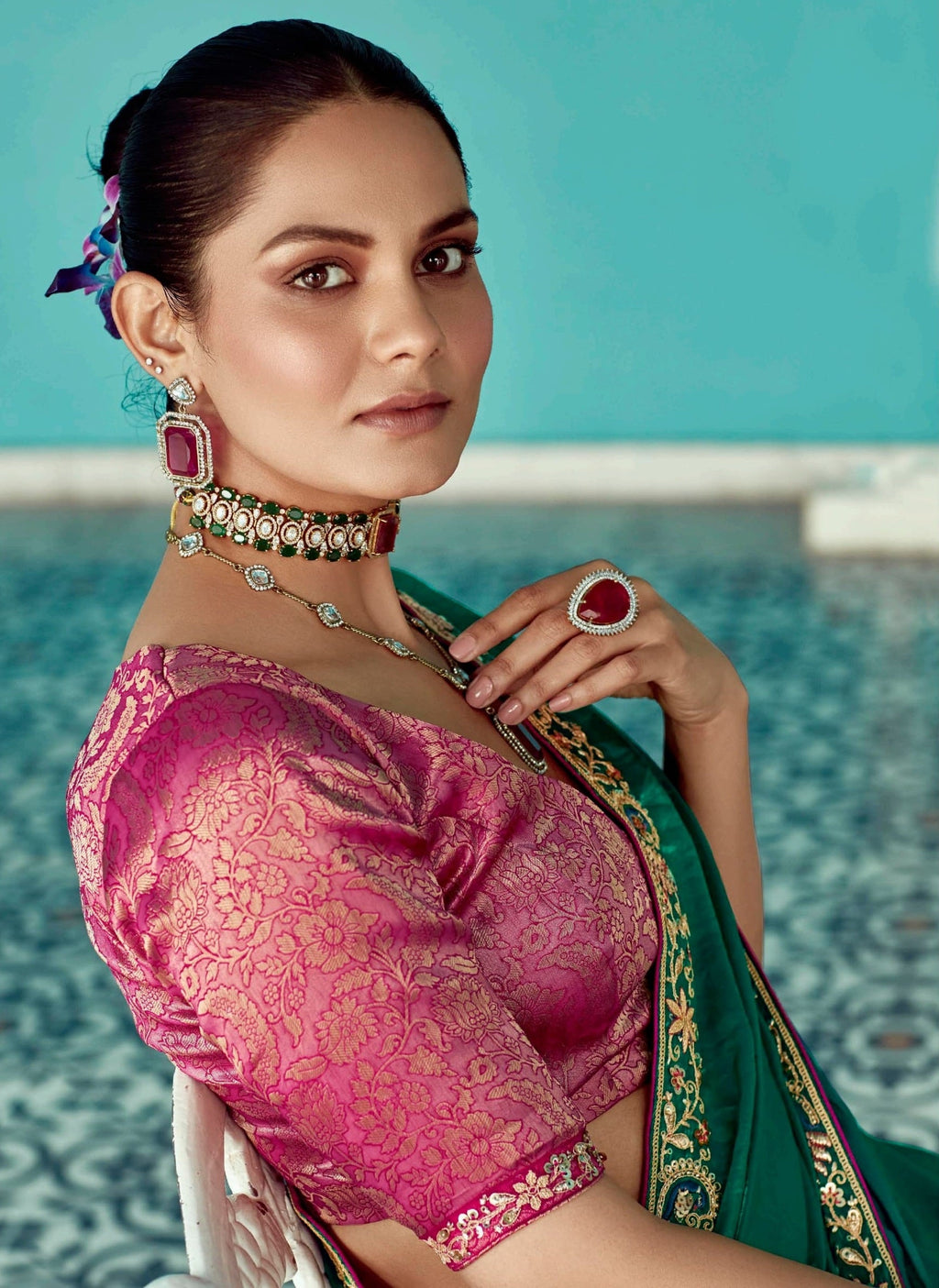 Anaita Dark Green Embroidery Work Saree With Jacquard Work Blouse Piece