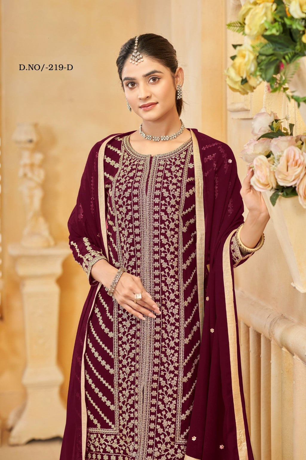 Anaita Maroon Faux Georgette Embroidered Stitched Salwar Suit
