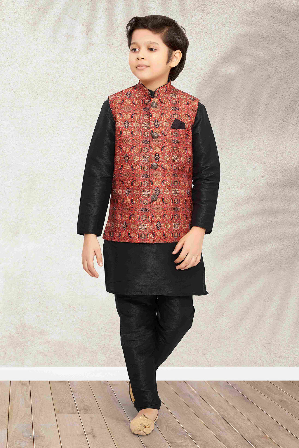 Raivat Ethnic Banarasi Silk Digital Printed Kurta Pajama With Jacket In Maroon Colour