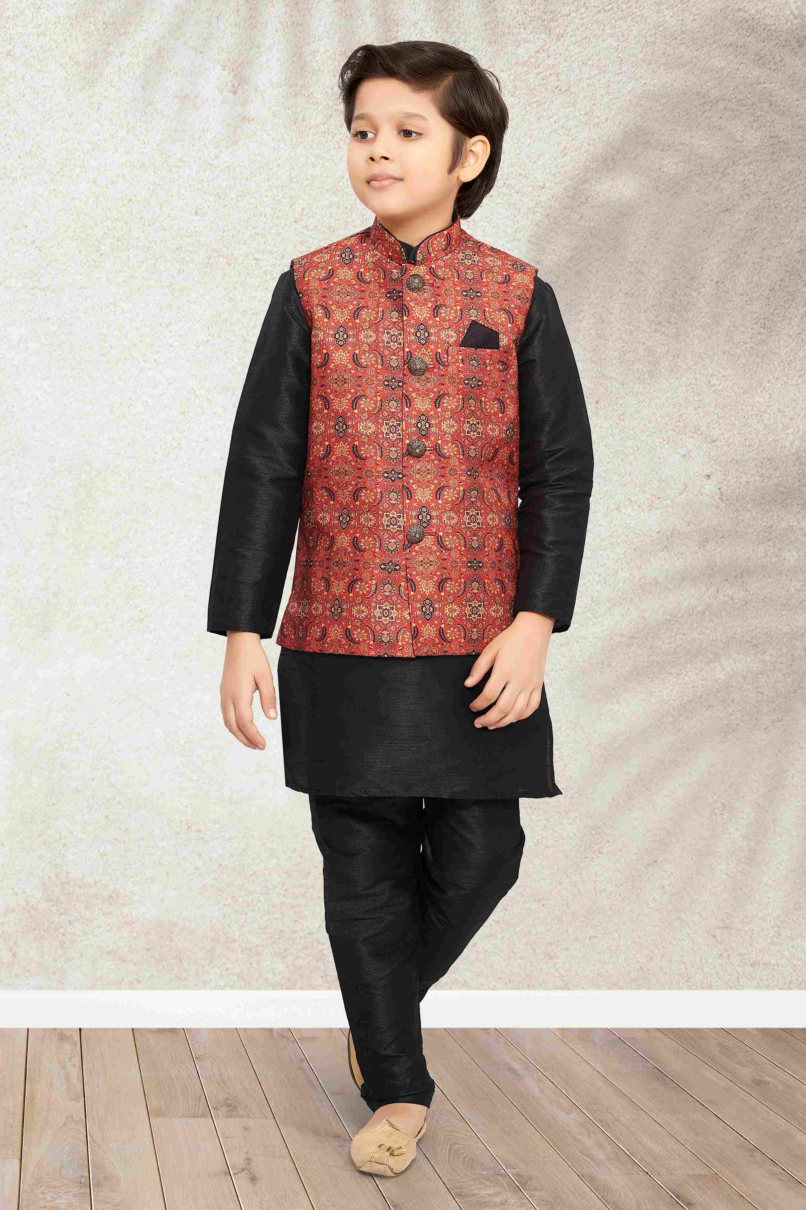 Raivat Ethnic Banarasi Silk Digital Printed Kurta Pajama With Jacket In Maroon Colour