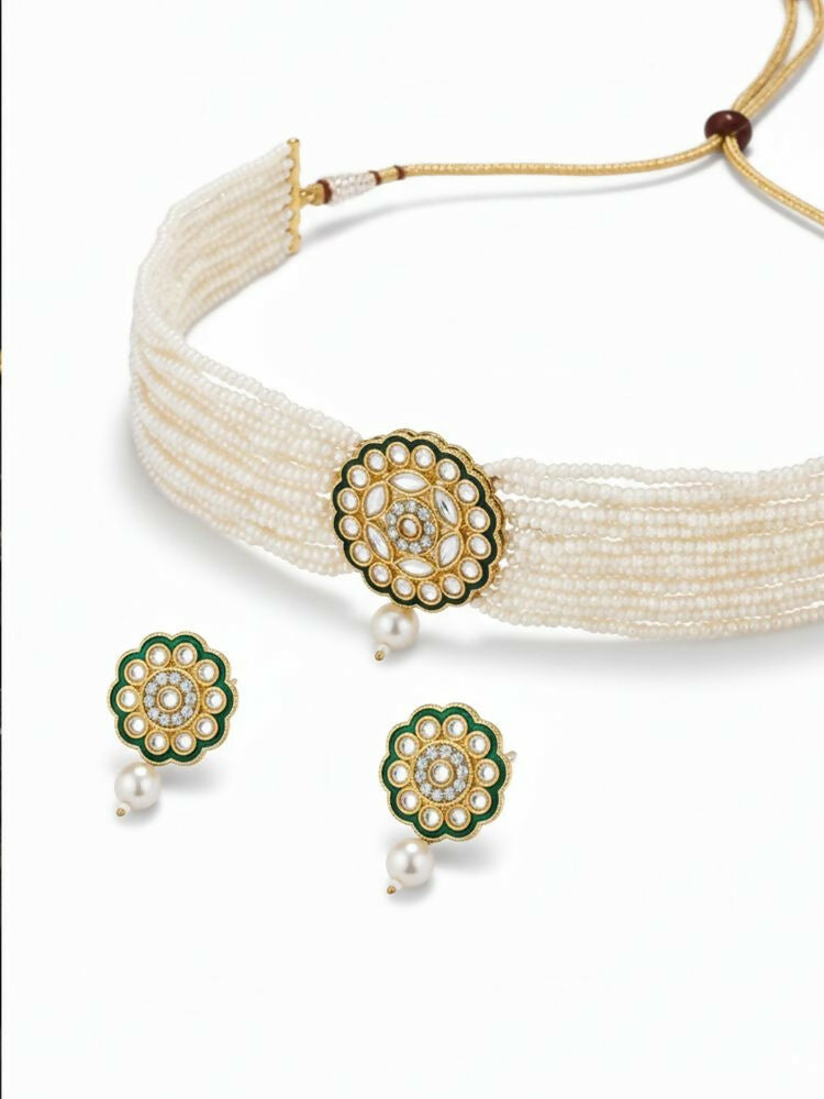 NVR Women Gold Plated White Kundan Jewellery Set