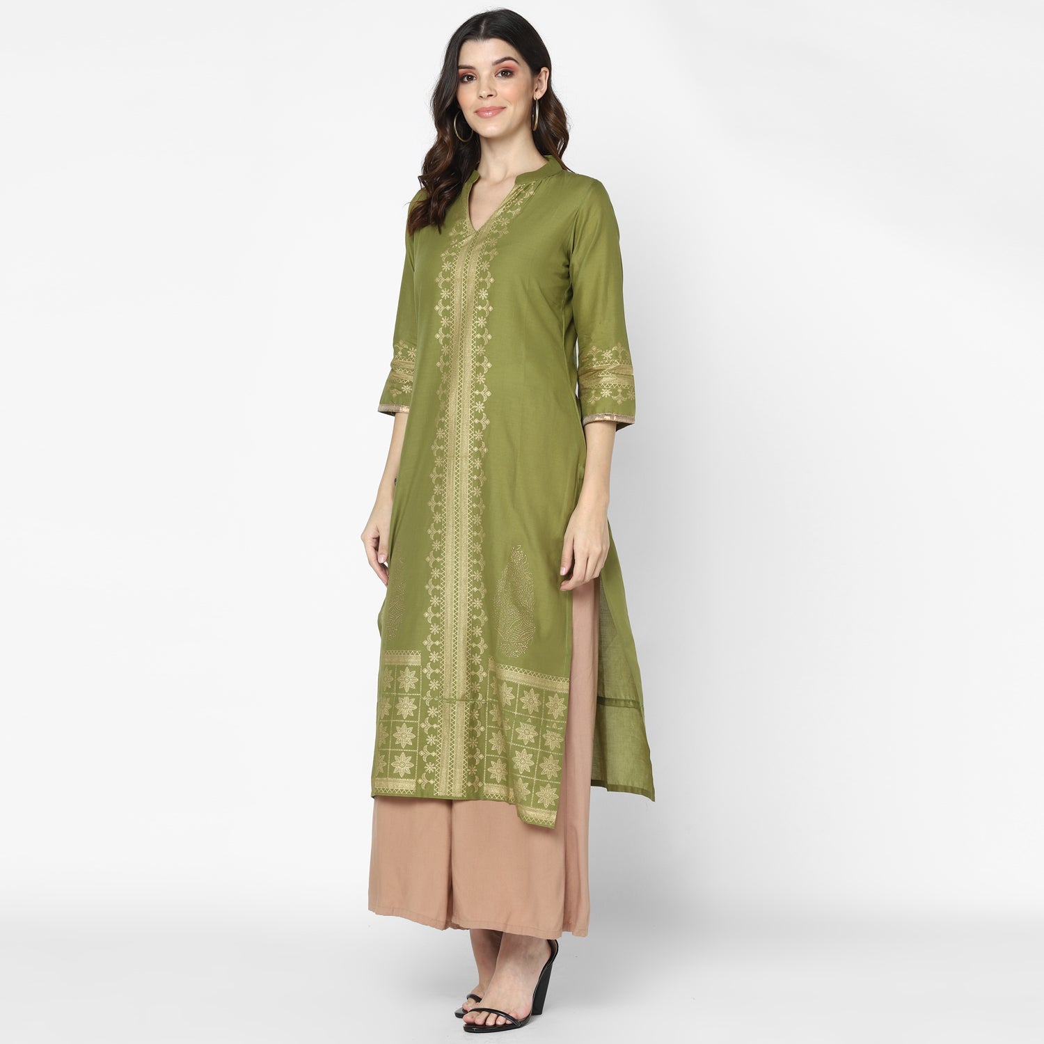 Maai Rayon Hand Printed Kurta Olive