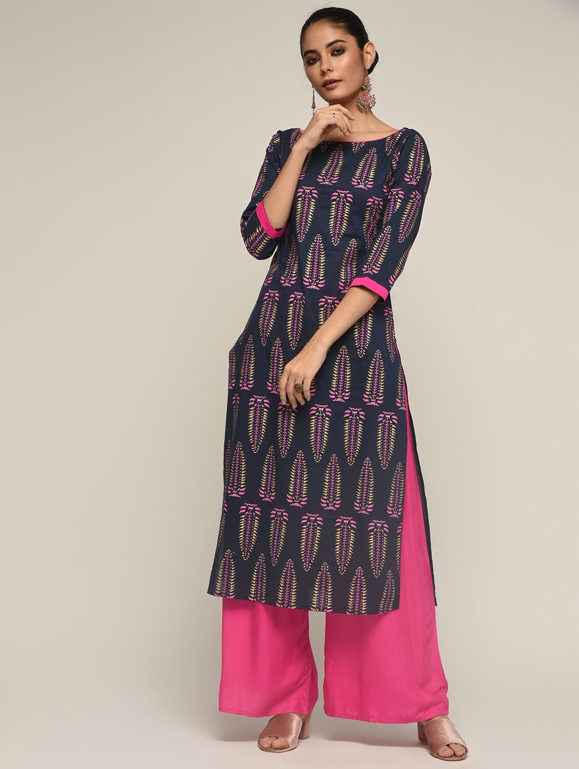 Maai Rayon Hand Printed Kurta Navy