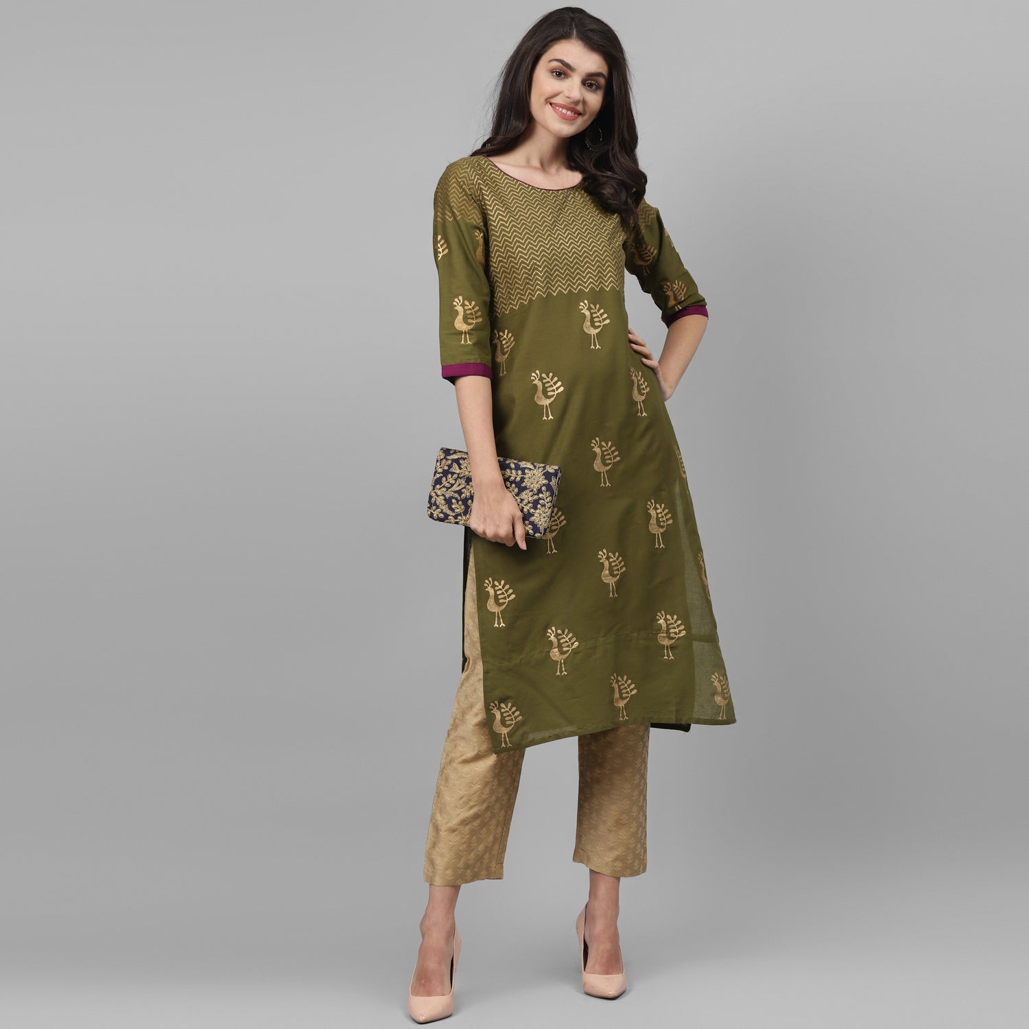 Maai Rayon Hand Printed Kurta Olive