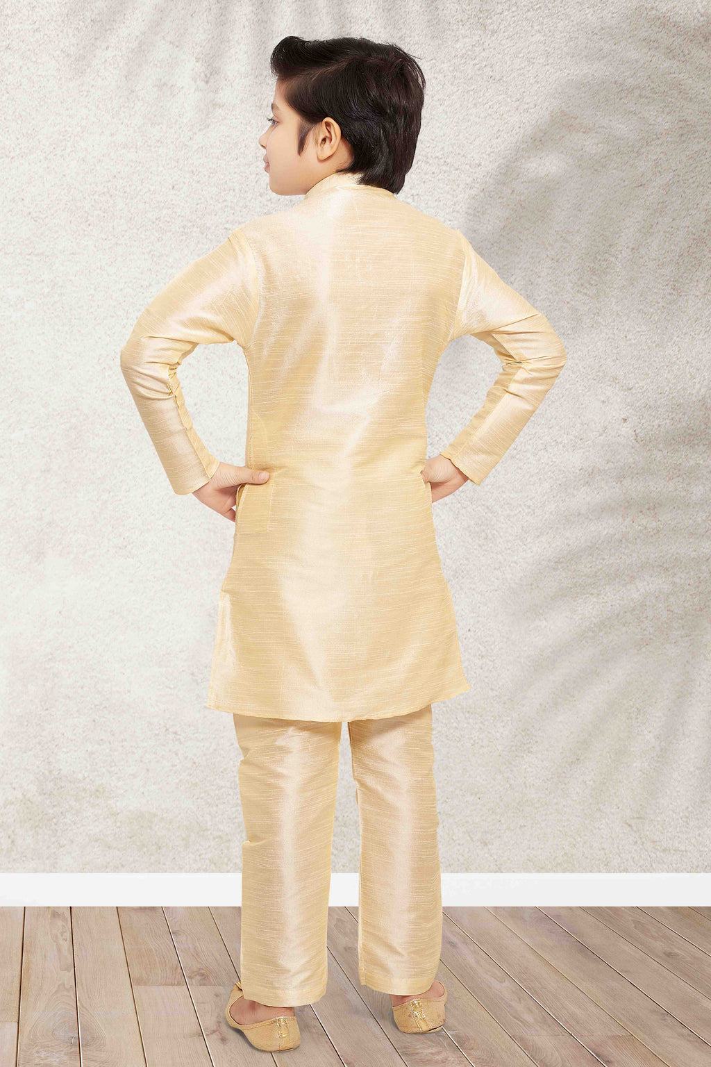 Raivat Ethnic Art Banarasi Silk Kids Kurta Pajama In Gold Colour