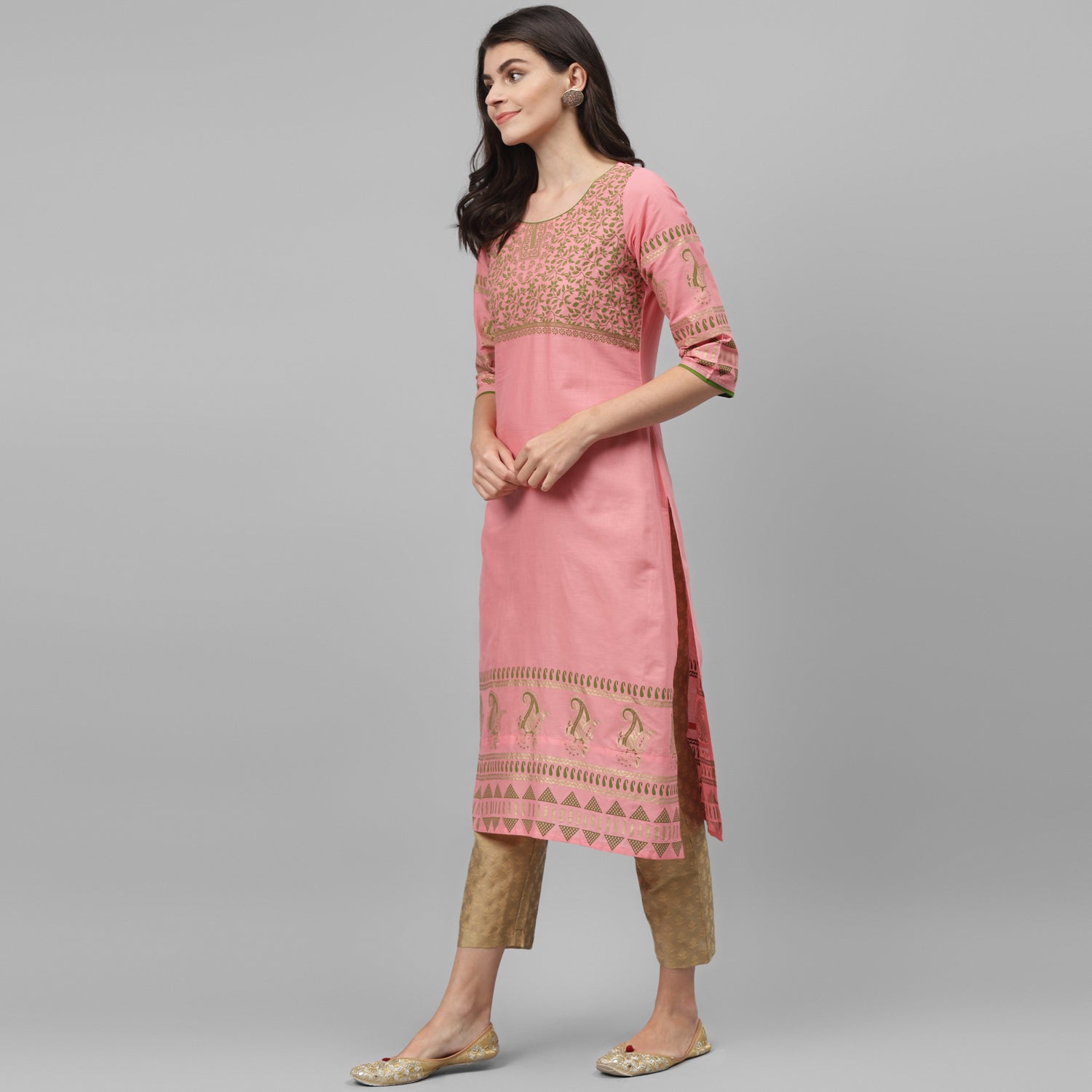 Maai Rayon Hand Printed Kurta Peach