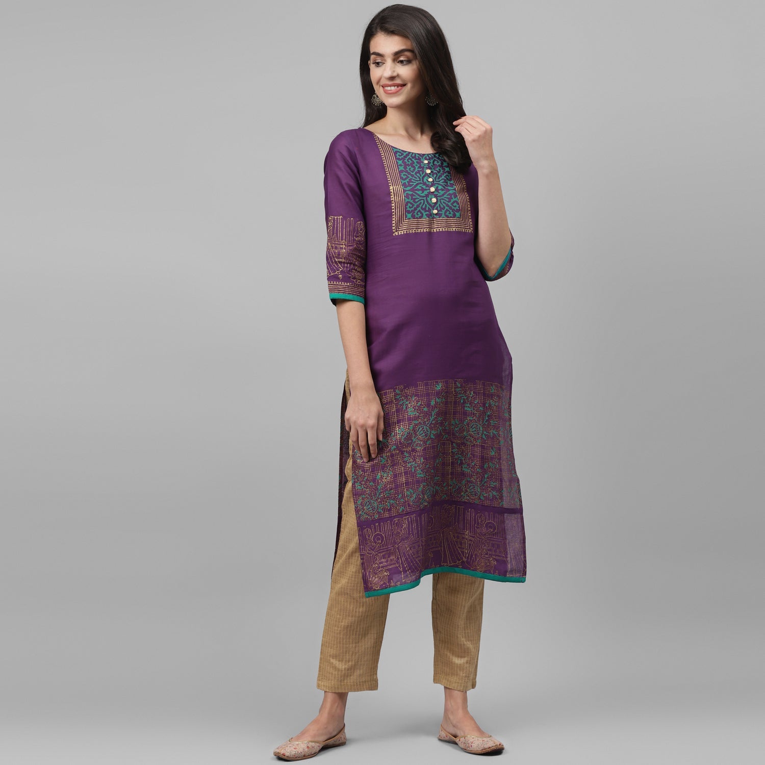 Maai Rayon Hand Printed Kurta Purple