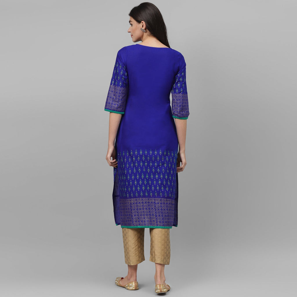 Maai Rayon Hand Printed Kurta Blue
