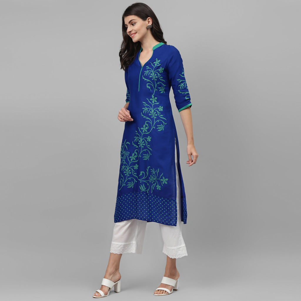 Maai Rayon Hand Printed Kurta Blue