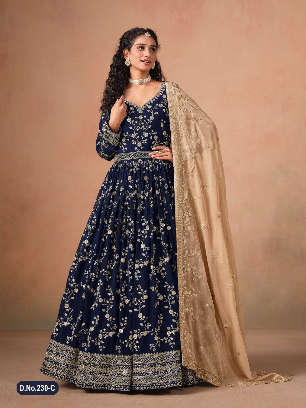 Anaita Navy Blue Faux Georgette Jacquard Embroidered Work Anarkali Suit
