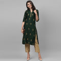 Maai Rayon Hand Printed Kurta Green