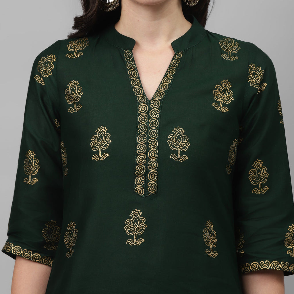 Maai Rayon Hand Printed Kurta Green
