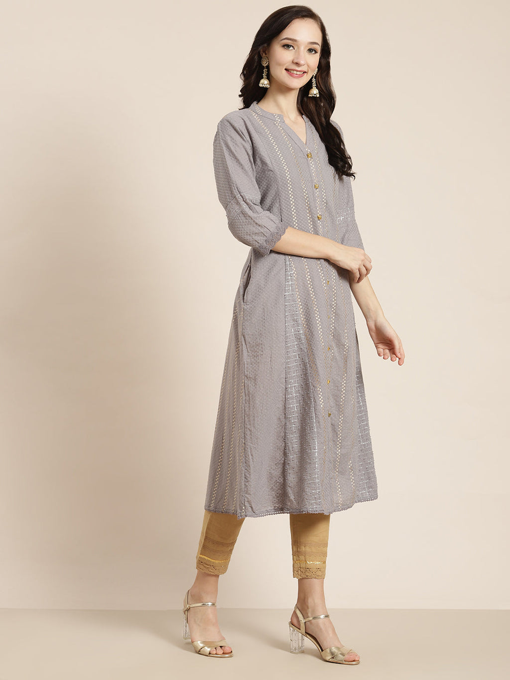 Juniper Womens Grey Cotton Dobby Kalidar Kurta