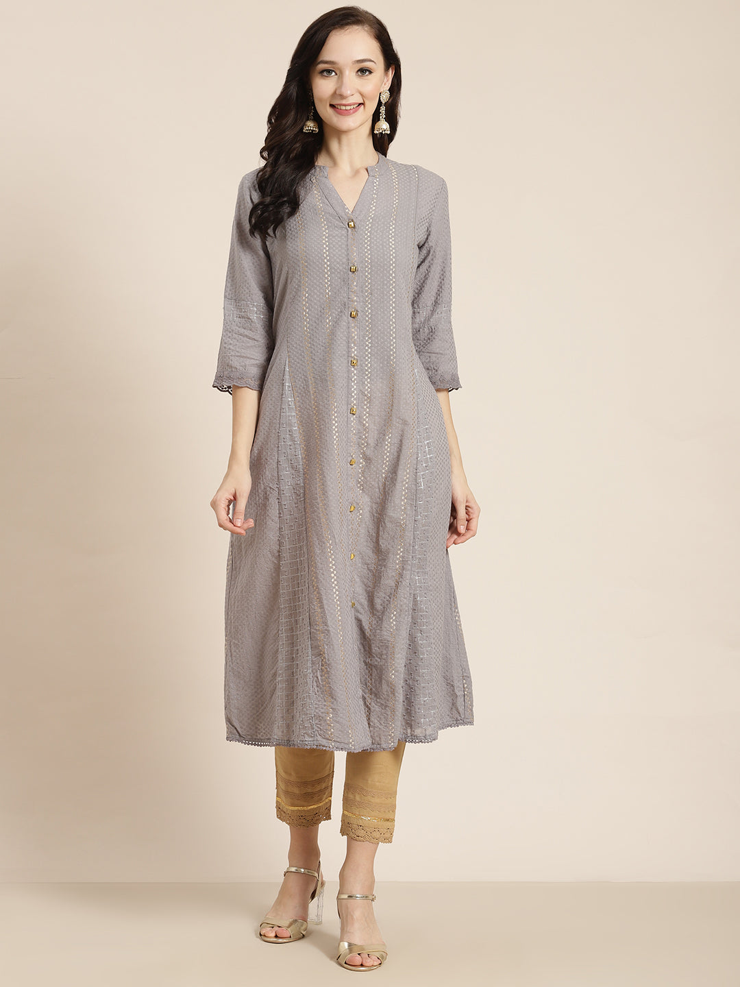 Juniper Womens Grey Cotton Dobby Kalidar Kurta