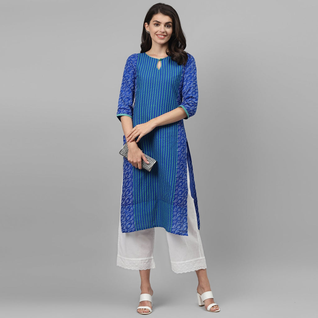 Maai Rayon Hand Printed Kurta Blue
