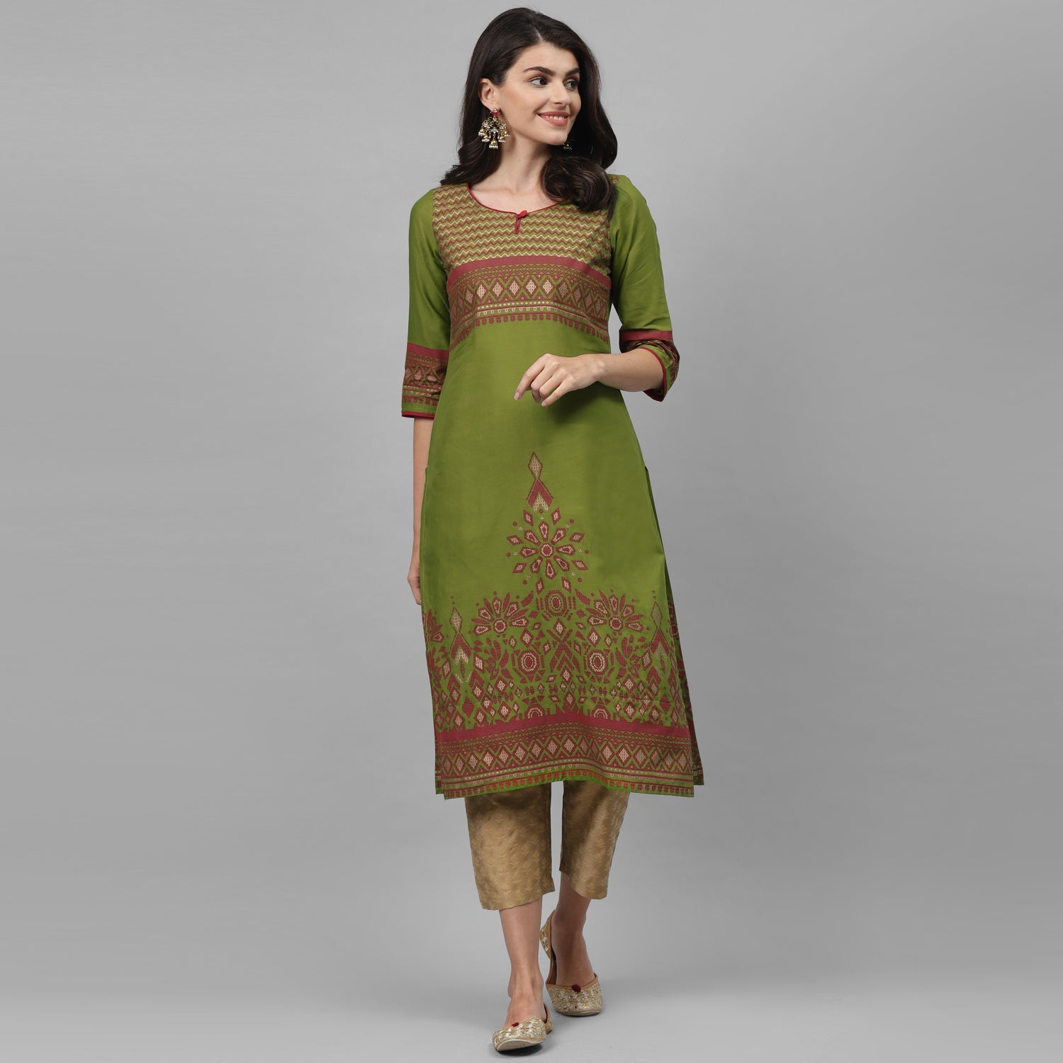 Maai Rayon Hand Printed Kurta Green