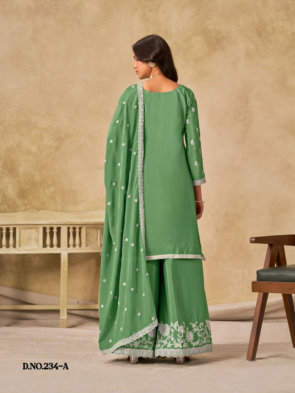 Anaita Green Heavy Chinon Palazzo Suit With Embroidery Work