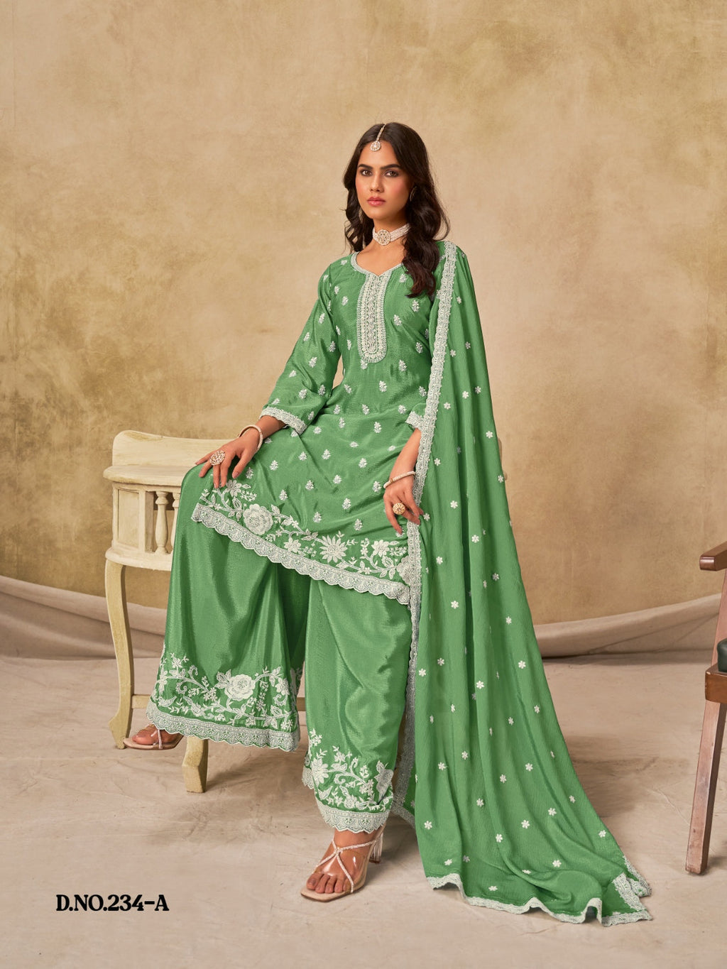 Anaita Green Heavy Chinon Palazzo Suit With Embroidery Work