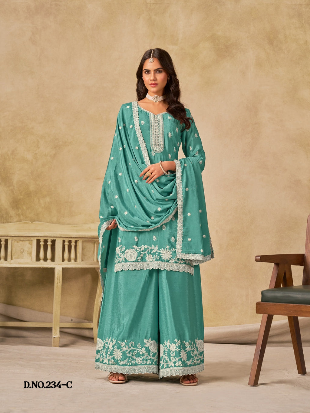 Anaita Sky Blue Heavy Chinon Palazzo Suit With Embroidery Work