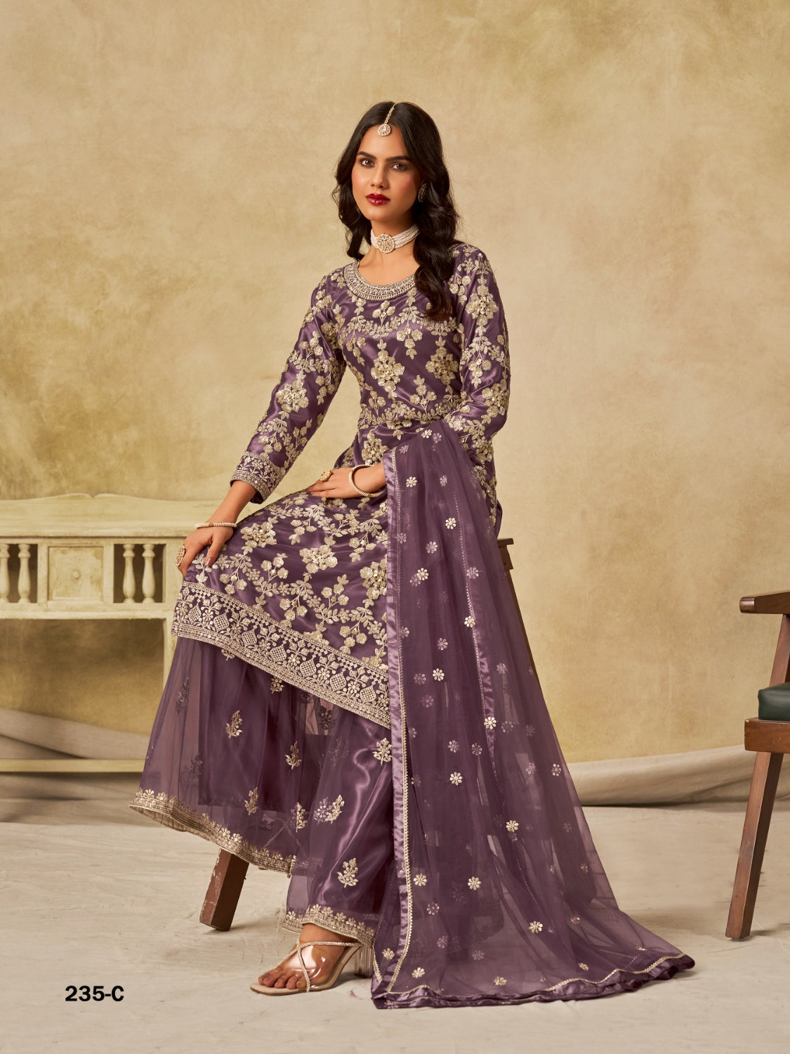Anaita Purple Heavy Net Suit With Embroidery Work