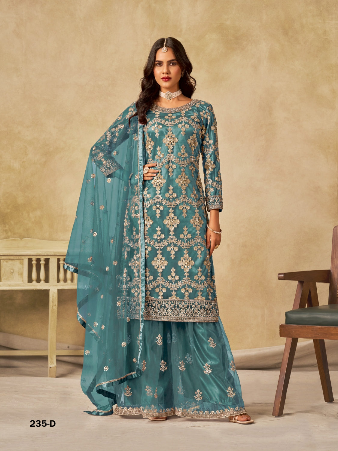 Anaita Teal Blue Heavy Net Suit With Embroidery Work