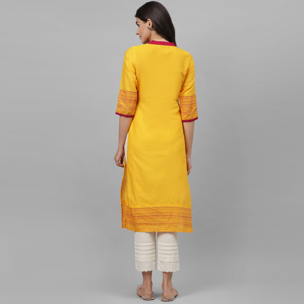 Maai Rayon Hand Printed Kurta Yellow