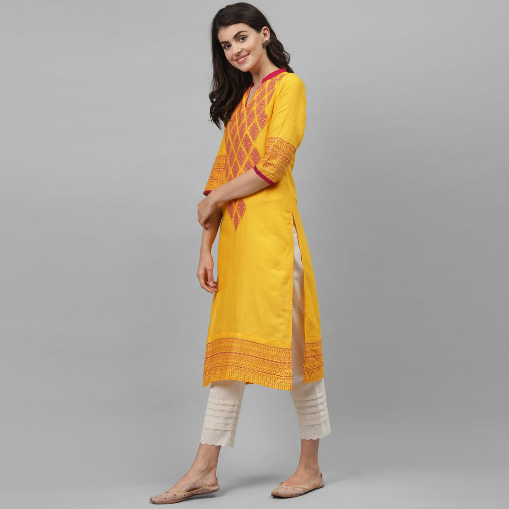 Maai Rayon Hand Printed Kurta Yellow