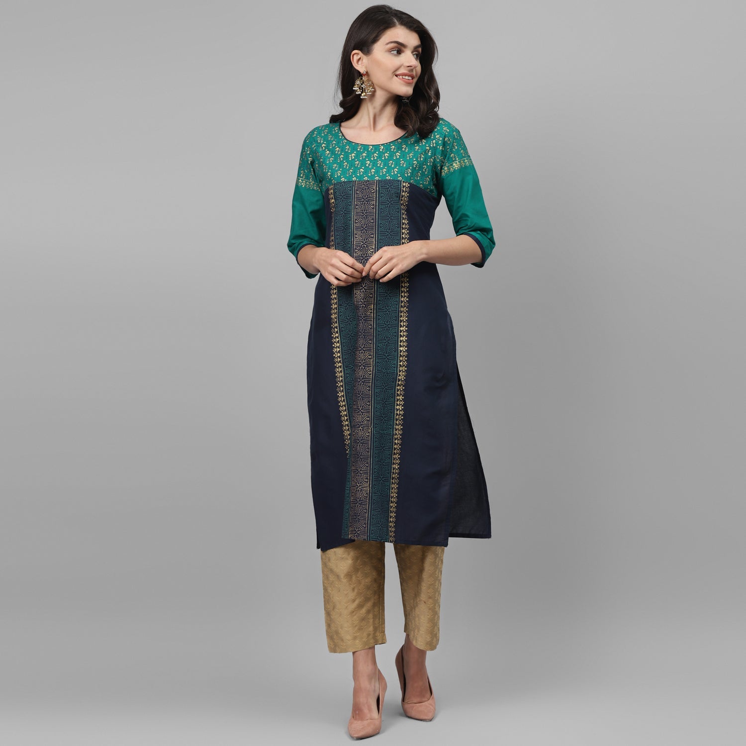 Maai Rayon Hand Printed Kurta Blue