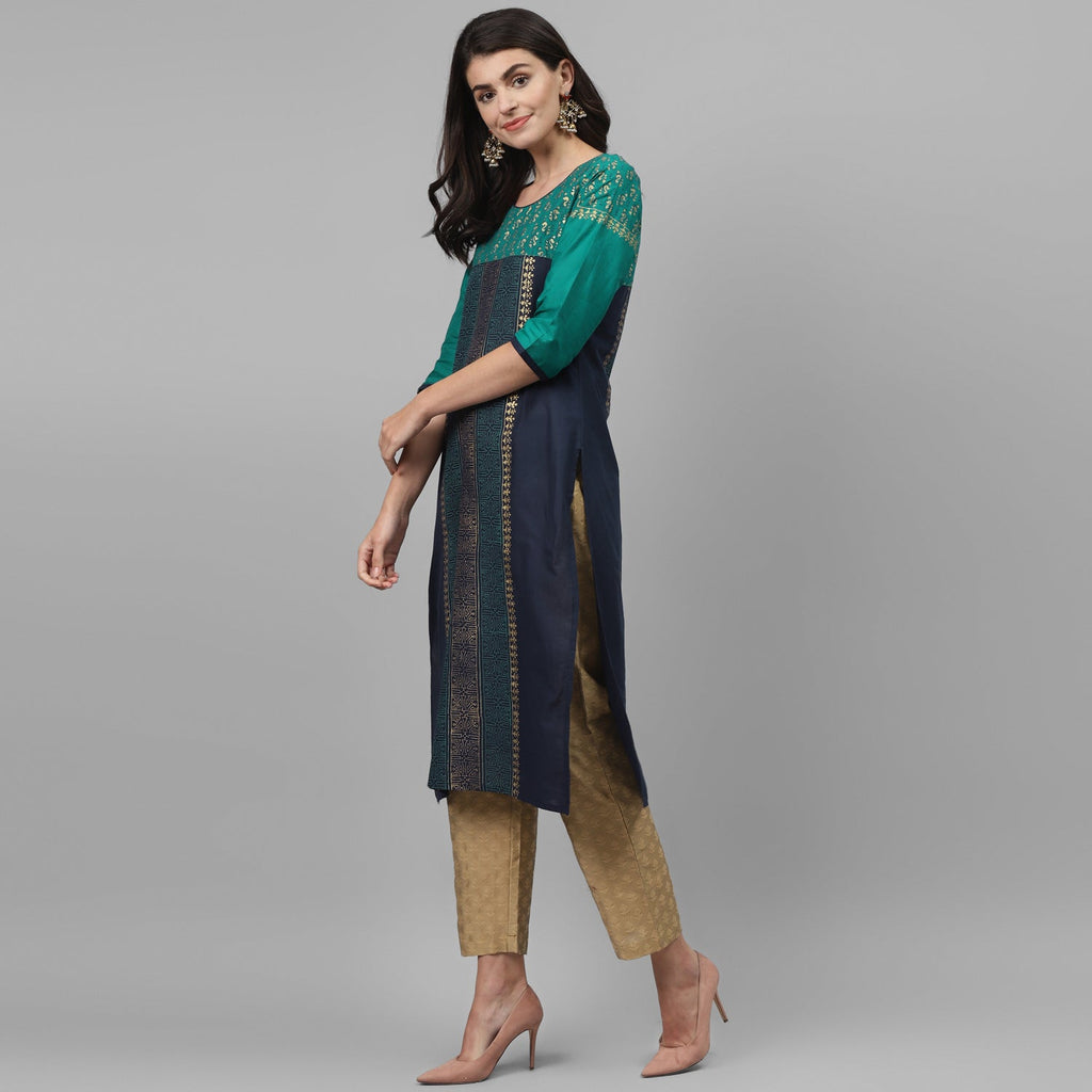 Maai Rayon Hand Printed Kurta Blue