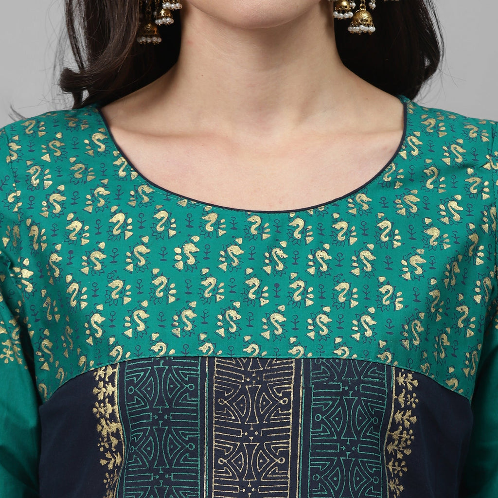 Maai Rayon Hand Printed Kurta Blue