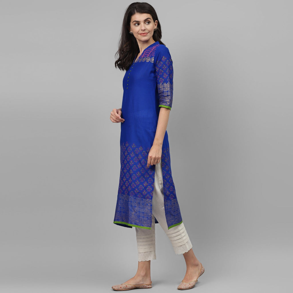 Maai Rayon Hand Printed Kurta Blue