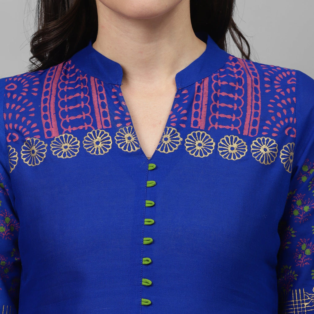 Maai Rayon Hand Printed Kurta Blue