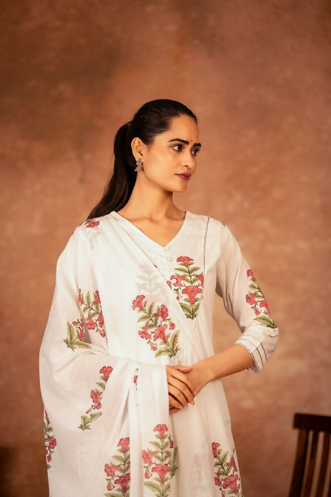 Joban Fashion Off White Pink Hand Block Printed Cotton Suit Set