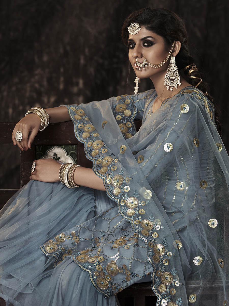 Myra Grey Net Embroidered Sharara Suit