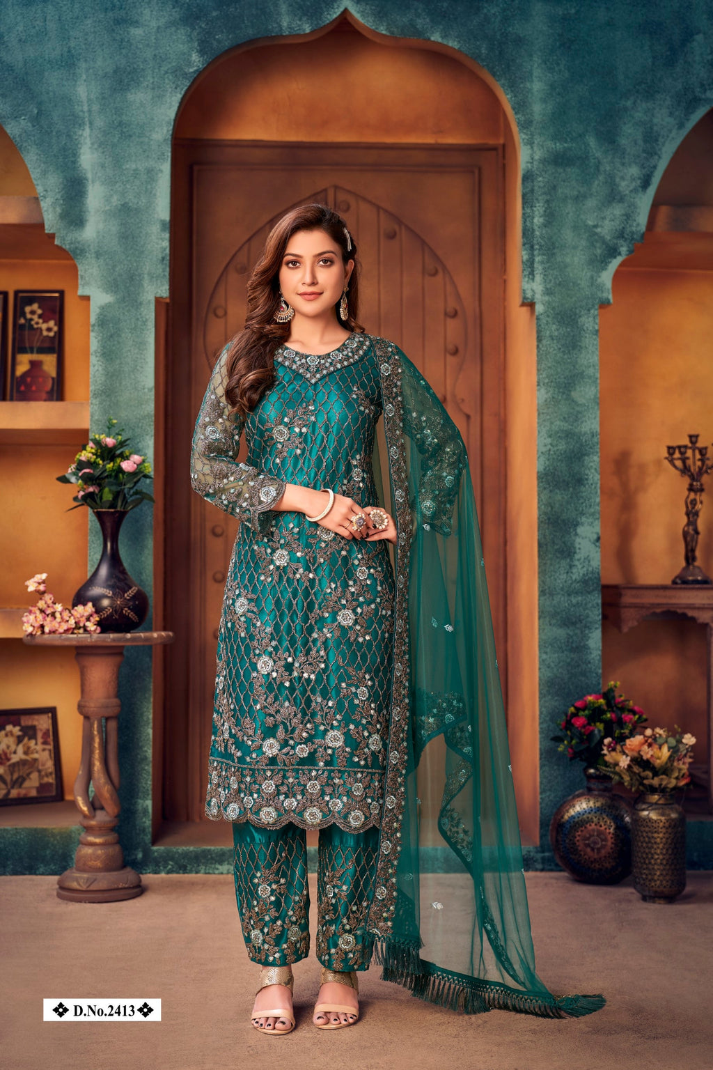 Anaita Teal Embroidered Net Salwar Suit