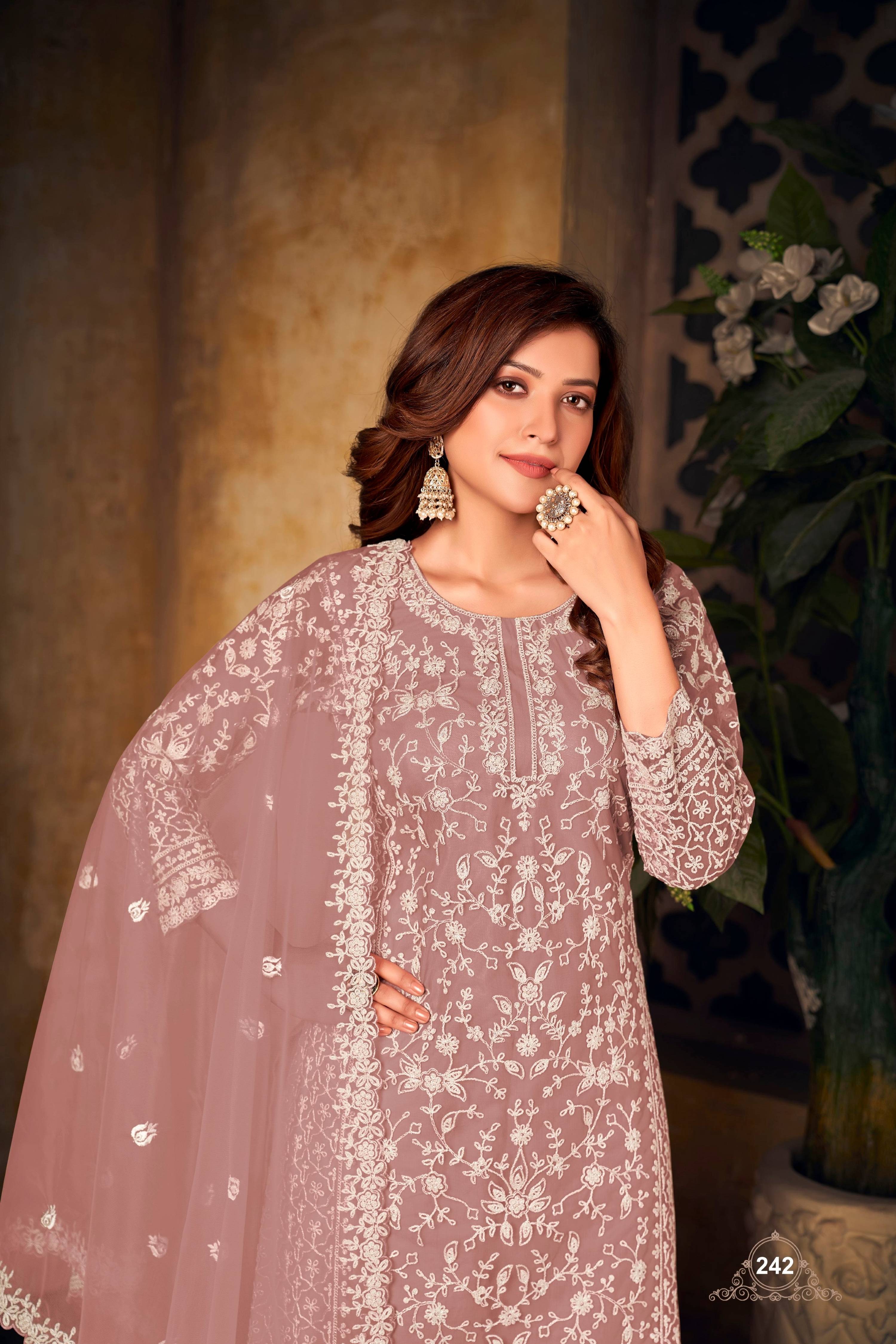 Anaita Light Brown Embroidered Net Plazzo Suit