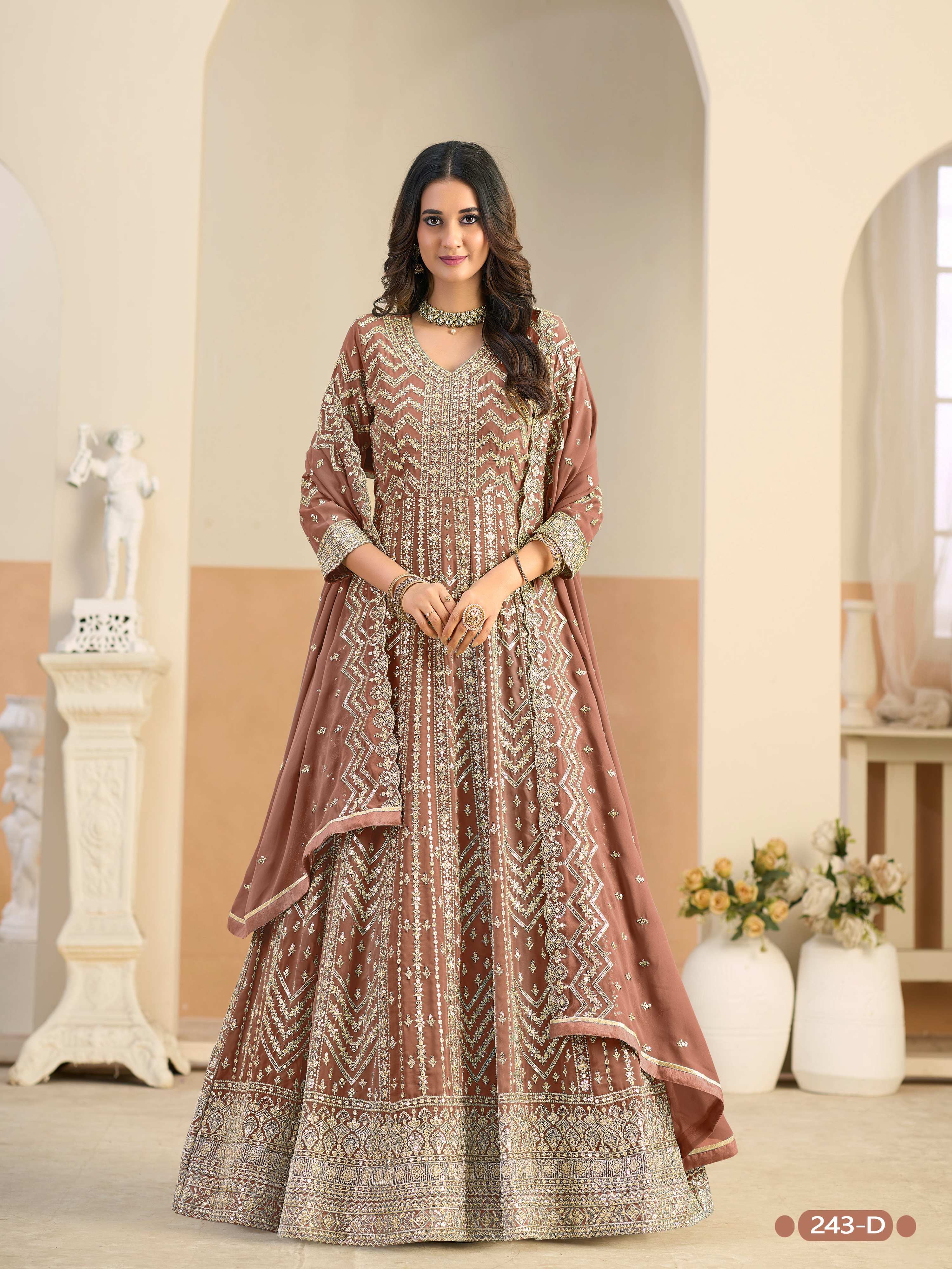 Anaita Brown Faux Georgette Anarkali Suit With Embroidery Work
